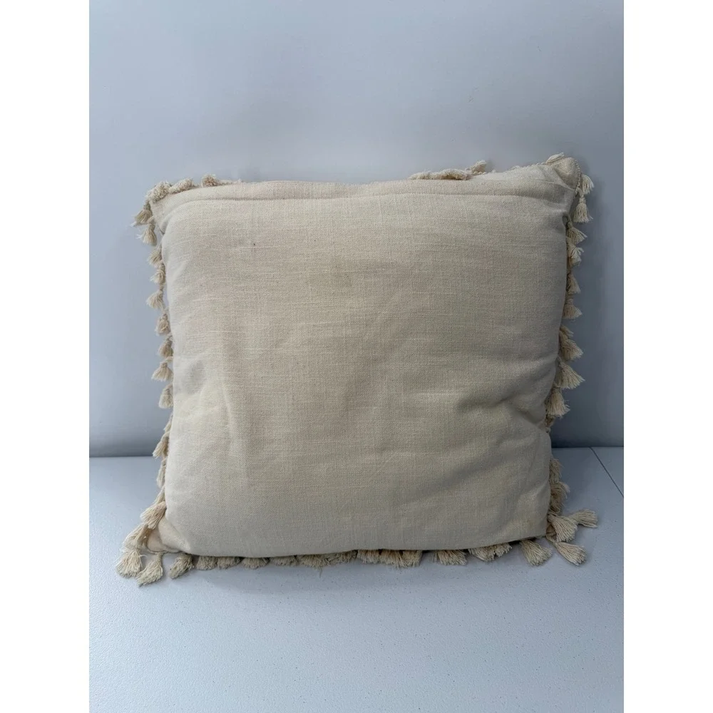 Beaded Throw Pillow Square Cotton Gold Cream Boho Tassel Accent Cushion 18x18